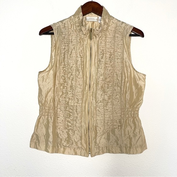 Chico’s shirred Beige Textured silk blend Crinkle Full-Zip vest size 1 or M - Picture 7 of 11